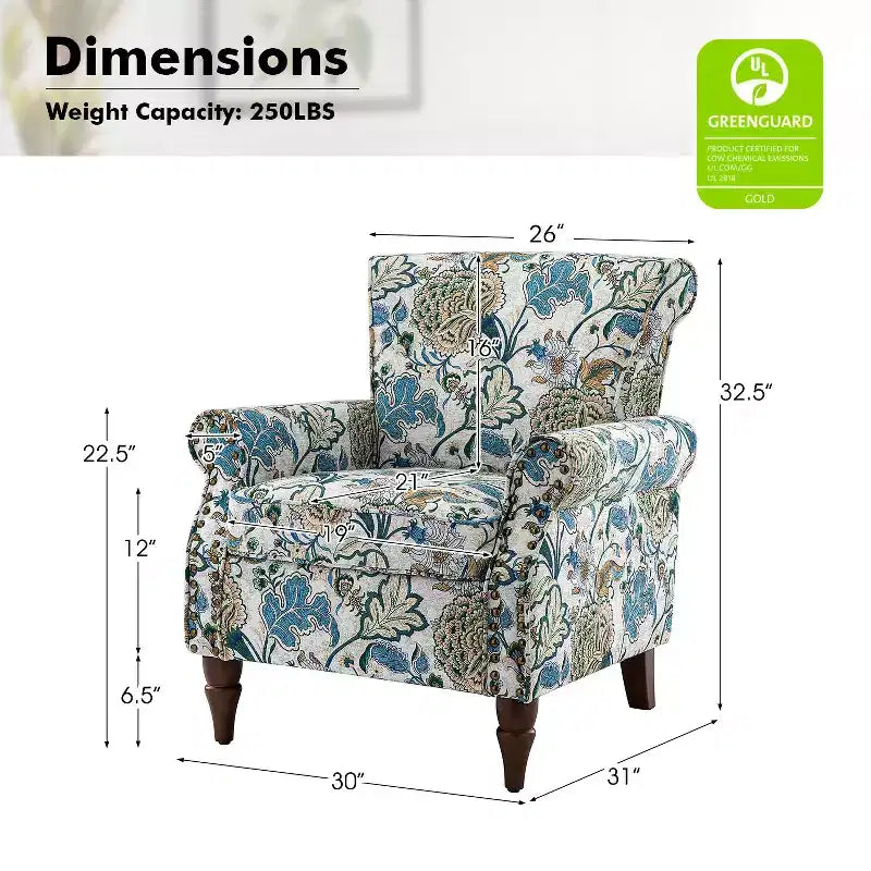 Araceli traditionele houten fauteuil met bloemenstof, hoge rugleuning met vleugels en siernagels| ART OF LIVING DESIGNS