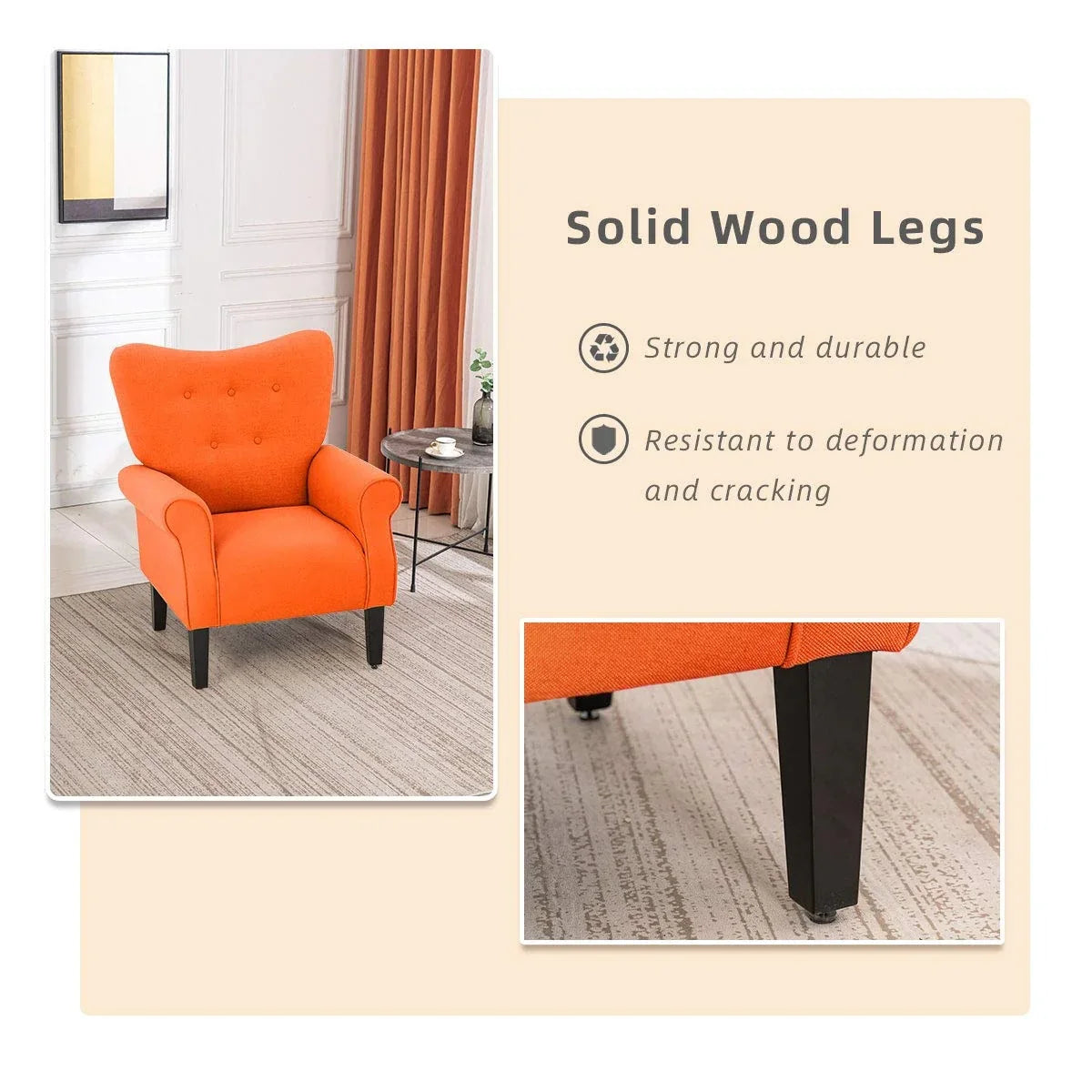Erommy moderne fauteuil, fauteuil met hoge rugleuning, gestoffeerde eenzitsbank met knopen en houten poten voor de woonkamer