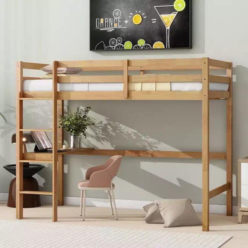 Lit mezzanine minimaliste Okak avec échelle, lit mezzanine pour lit simple en bois d’hévéa avec garde-corps de sécurité et bureau intégré, cadre de lit pour enfants et adolescents