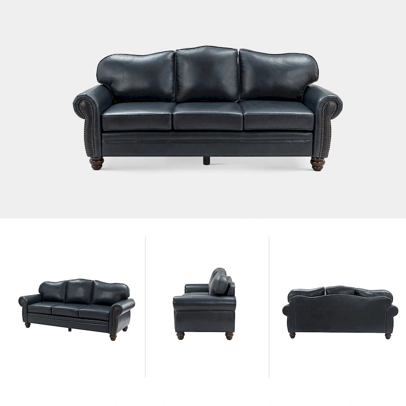 Balvino Sofa mit 81 cm Breite, im Übergangsstil, aus echtem Leder, mit gerollten Armlehnen, Nagelkopfbesatz und abnehmbaren Kissen