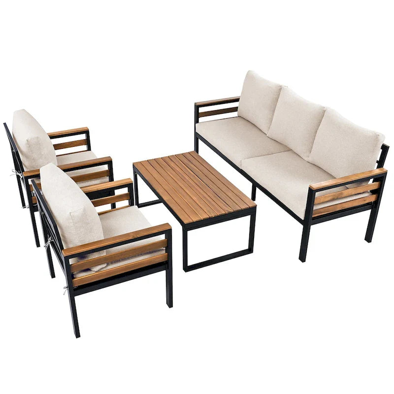 4-delige loungeset voor buiten voor 5 personen met salontafel van massief hout en afneembare kussens
