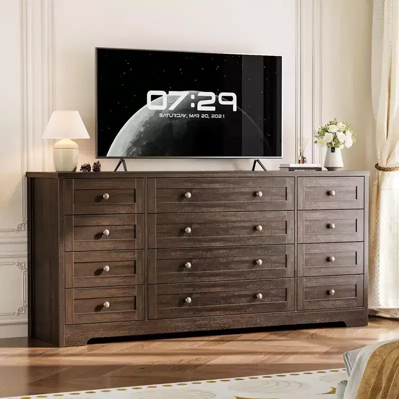 Commode en bois à 12 tiroirs pour chambre, meuble TV moderne et large pour téléviseur de 65 pouces, commode en bois, rangement champêtre pour vêtements dans le salon