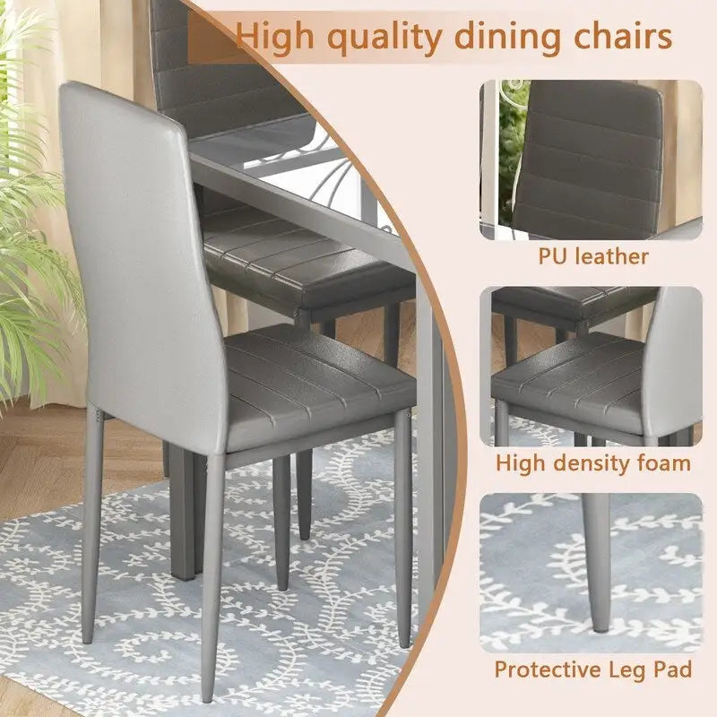 Grondin moderne 7-delige eettafelset met tafelblad van gehard glas en 6 met PU-leer beklede stoelen