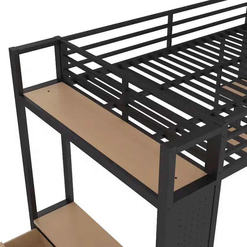 Metall-Hochbett für Full-/Queen-Size-Matratzen, Komplettset mit Kleiderschrank, Ablagefächern und Lochwand, Schwarz - ModernLuxe