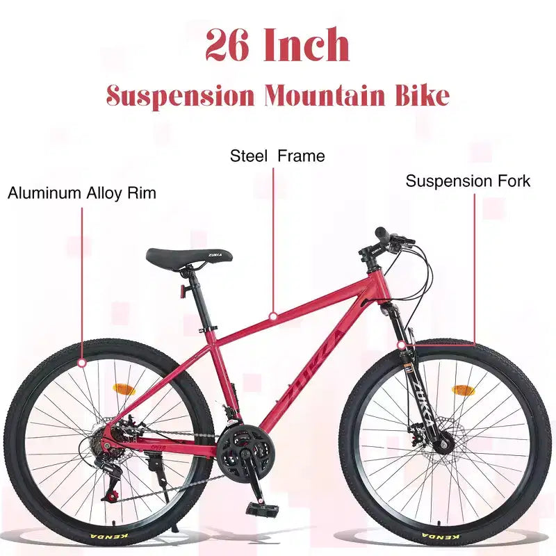 Whisen 26 geveerde mountainbike met derailleur achter met 8 versnellingen, voorvork, KENDA-banden en dubbele schijfremmen