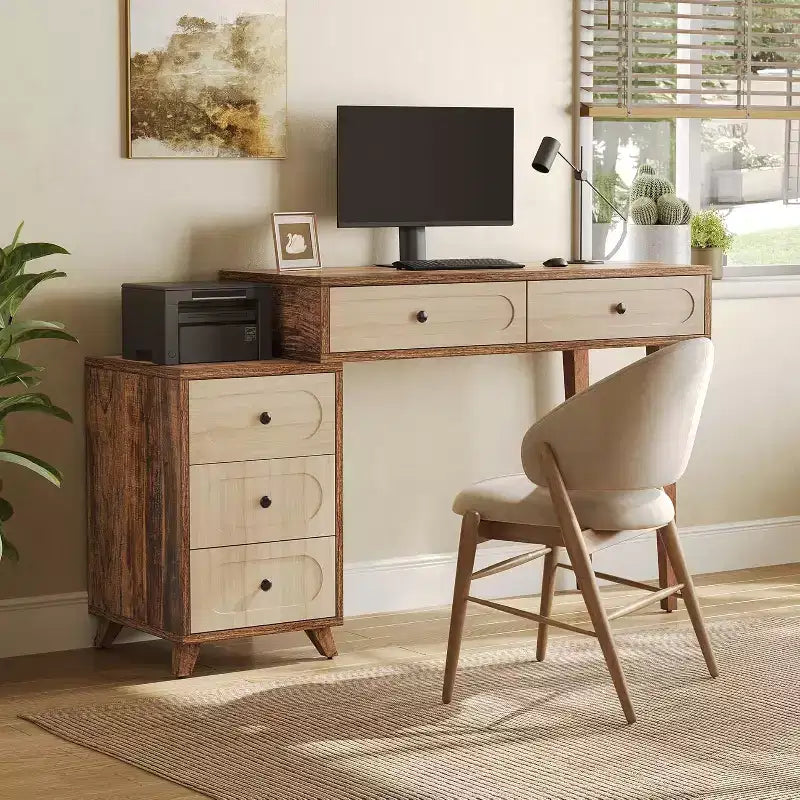 Lantine schrijftafel van 39 inch met 5 laden en uittrekbare kast, kleine uitschuifbare computer- en kaptafel voor kleine ruimtes, bruin