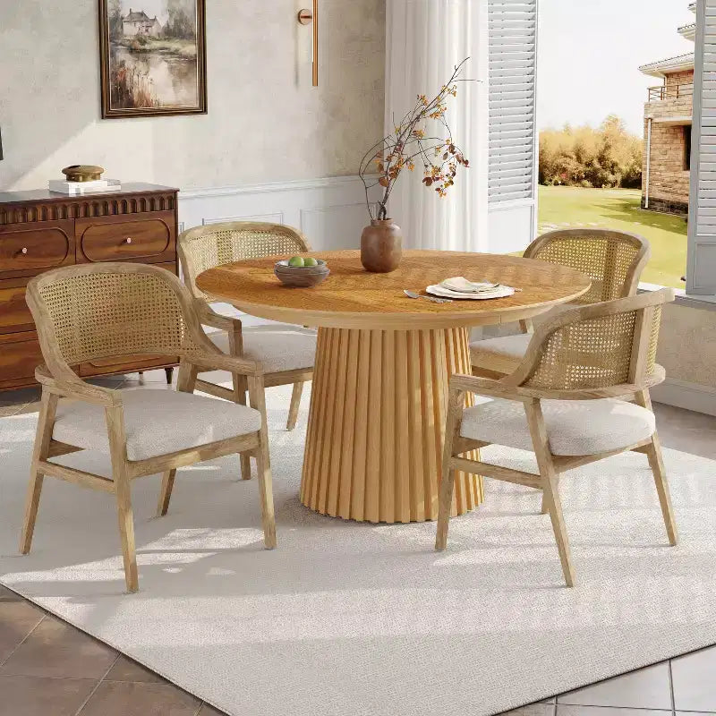 Christopher Knight Home Bennett ausziehbare Essgruppe im Mid-Century-Modern-Stil, 5-teilig, aus Holz, mit Tisch und 4 gepolsterten Stühlen mit Geflechtrücken