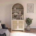 Vitrine bohème à portes cintrées avec 2 portes en faux rotin, 5 étagères réglables pour salon ou cuisine, beige