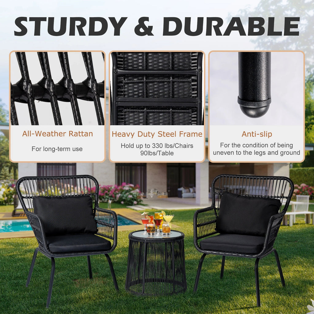 3-teiliges Outdoor-Bistroset aus Korbgeflecht, wetterfeste Rattan-Gartenmöbel mit Stühlen und Kissen