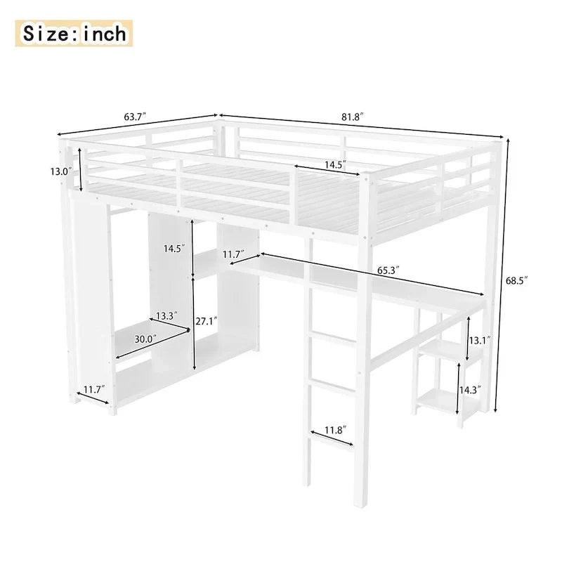 Hoogslaper voor queensize bed - ingebouwde kledingkast en bureau, metalen frame met planken