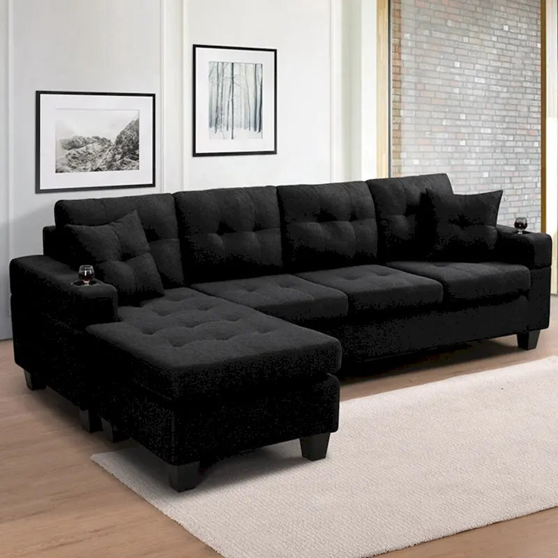 Wohnzimmer-Ecksofa mit L-förmiger Chaiselongue und Becherhalter