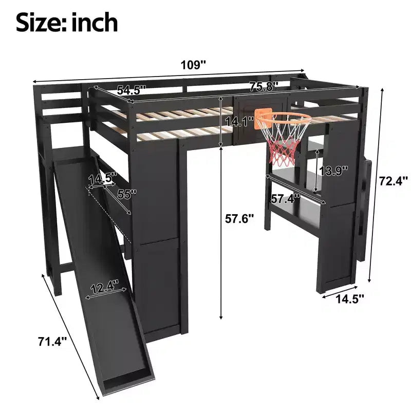 Luxystar großes Hochbett aus Holz mit Schreibtisch, Rutsche, Basketballkorb und Aufbewahrungstreppe für Kinder und Jugendliche
