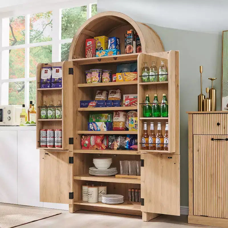 71 Tall Arched Kitchen Pantry, Modern Storage Cabinet with 3 Adjustable Shelves, 6 Door Shelves, for Kitchen, Living Room