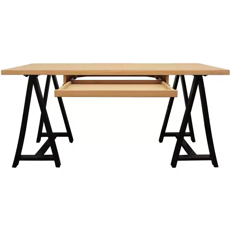 Bureau de direction HomeRoots 60 en bois massif et métal, naturel et noir, avec piètement en tréteau