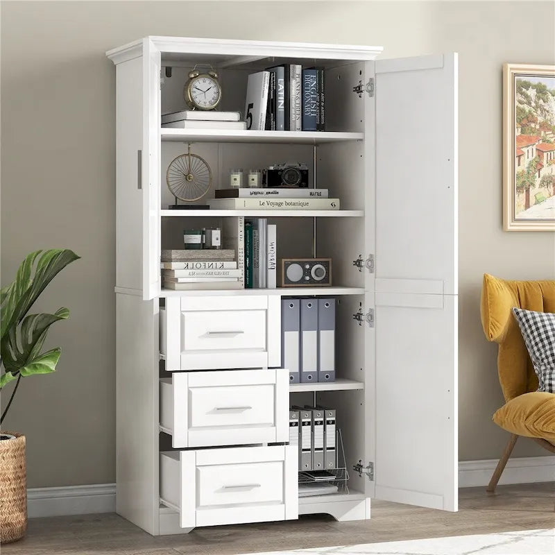 Armoire de rangement haute et large avec portes pour salle de bains, trois tiroirs
