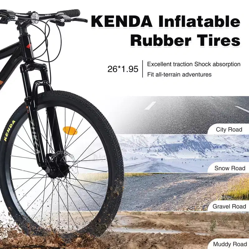 Whisen 26 geveerde mountainbike met derailleur achter met 8 versnellingen, voorvork, KENDA-banden en dubbele schijfremmen