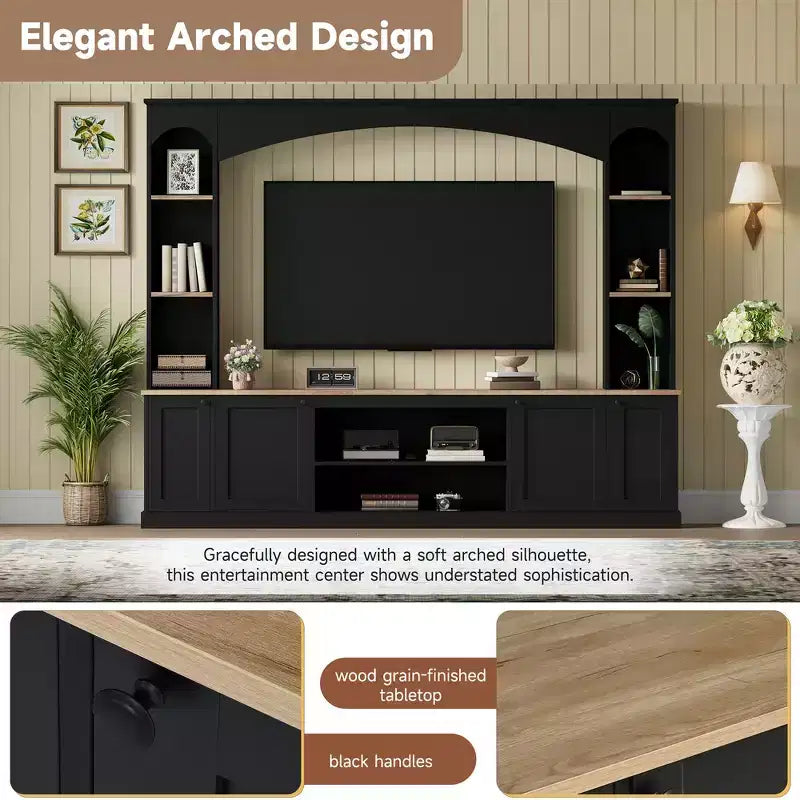Whisen 91 Medienkonsole, geschwungene Entertainment-Center-Wandeinheit, TV-Schrank im Landhausstil mit Bücherregal in Holzoptik für Fernseher bis zu 70