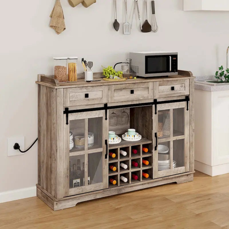 Credenza buffet con ante scorrevoli stile fienile da 53, portabottiglie e mobile contenitore per cucina