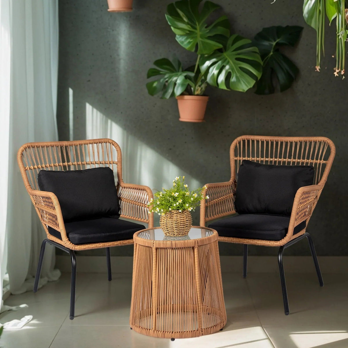 3-teiliges Outdoor-Bistroset aus Korbgeflecht, wetterfeste Rattan-Gartenmöbel mit Stühlen und Kissen