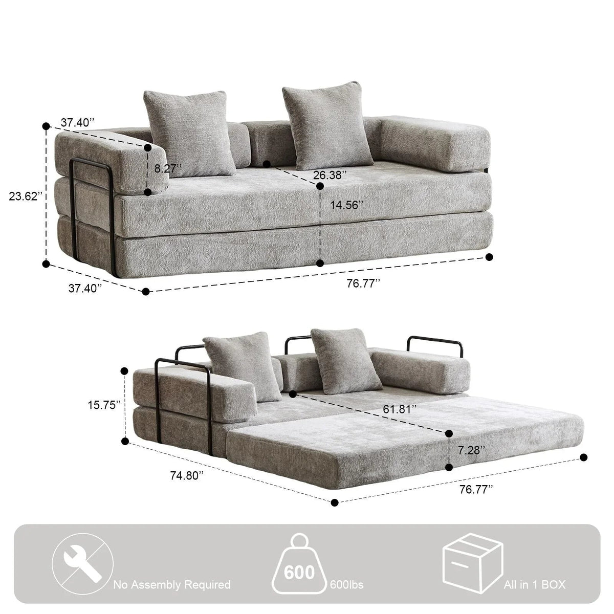 Verwandelbares Bodensofa-Bett mit Kissenlehne aus Chenille für Wohnzimmer und Schlafzimmer