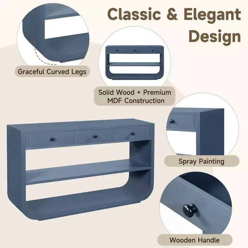 ModernLuxe gebogen sidetable, haltafel, bijzettafel naast de bank, displaystandaard en accenttafel met 3 softclose-lades en 2 open vakken