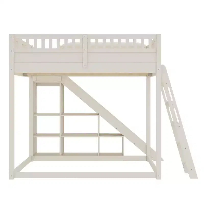 Lit mezzanine Bellemave avec tête de lit rembourrée et étagères de rangement, cadre en bois massif avec échelle et toboggan pour enfants