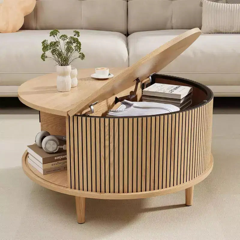 NAYSAYE ronde salontafel met opbergruimte, geribbelde middentafel van 31.5 voor de woonkamer, moderne ronde bijzettafel van walnotenhout voor kleine ruimtes