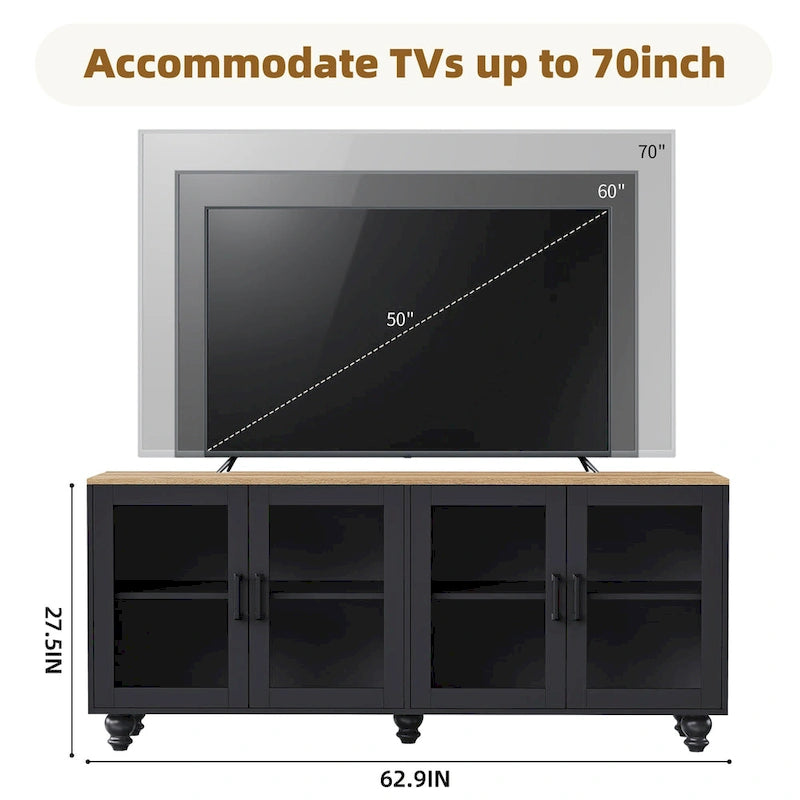 Zwart + donker walnootkleurig tv-meubel in landelijke stijl met boekenkasten en deuren van gehard glas voor tv's tot 70