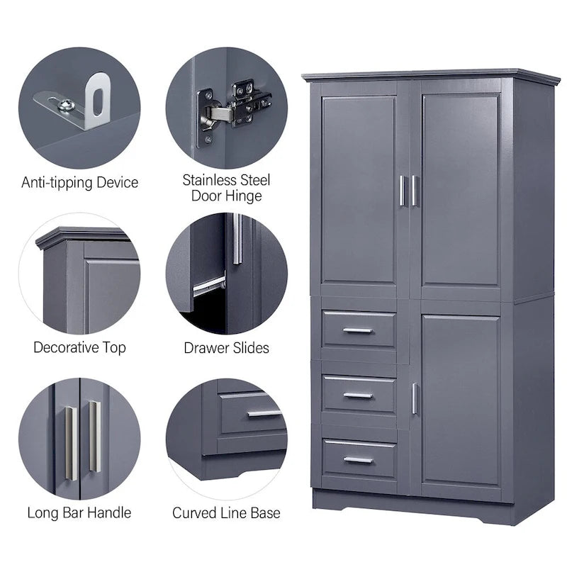 Armoire de rangement haute et large avec portes pour salle de bains, trois tiroirs
