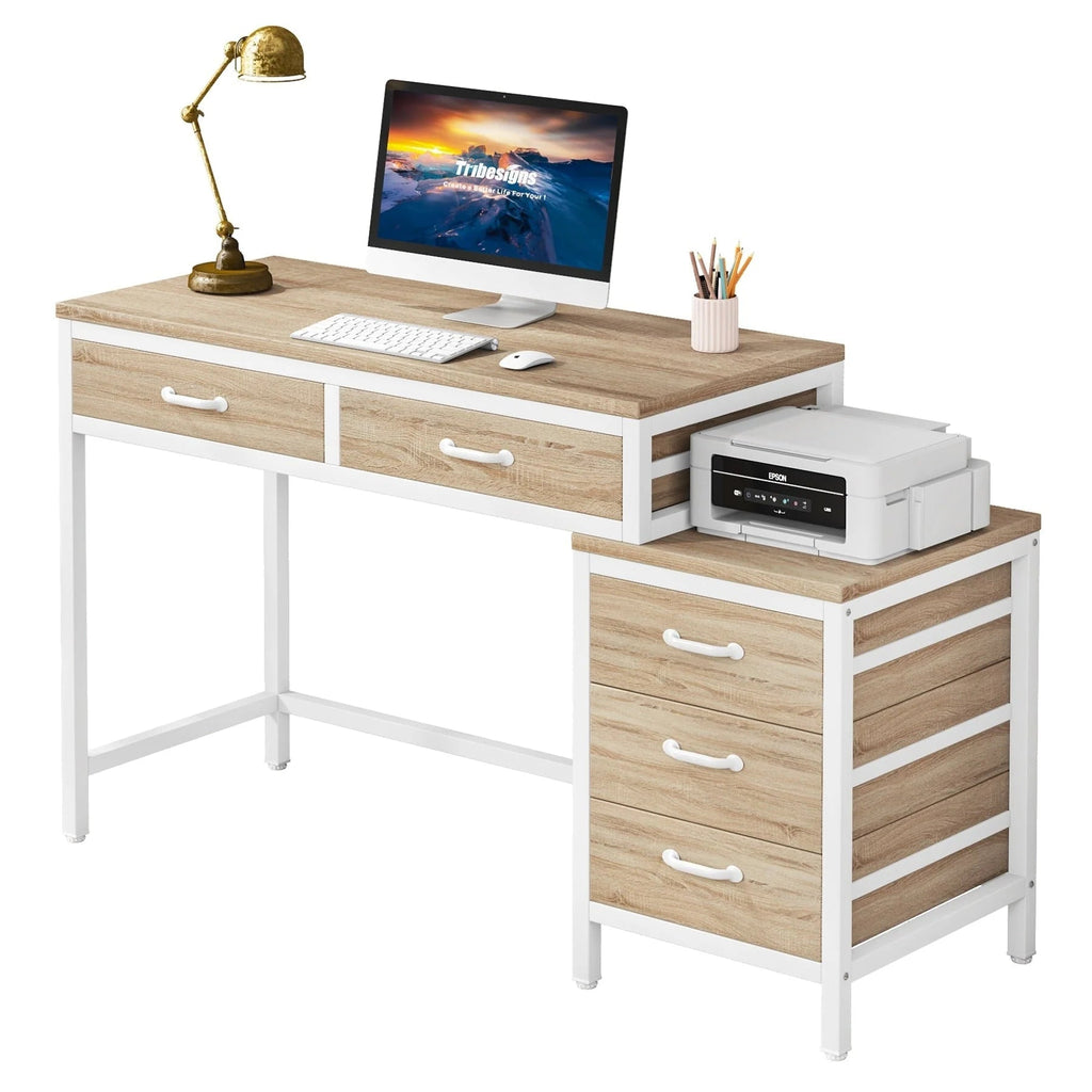 Wendbarer Computerschreibtisch mit 5 Schubladen, Schreibtisch fürs Homeoffice mit Aktenschublade und Druckerständer