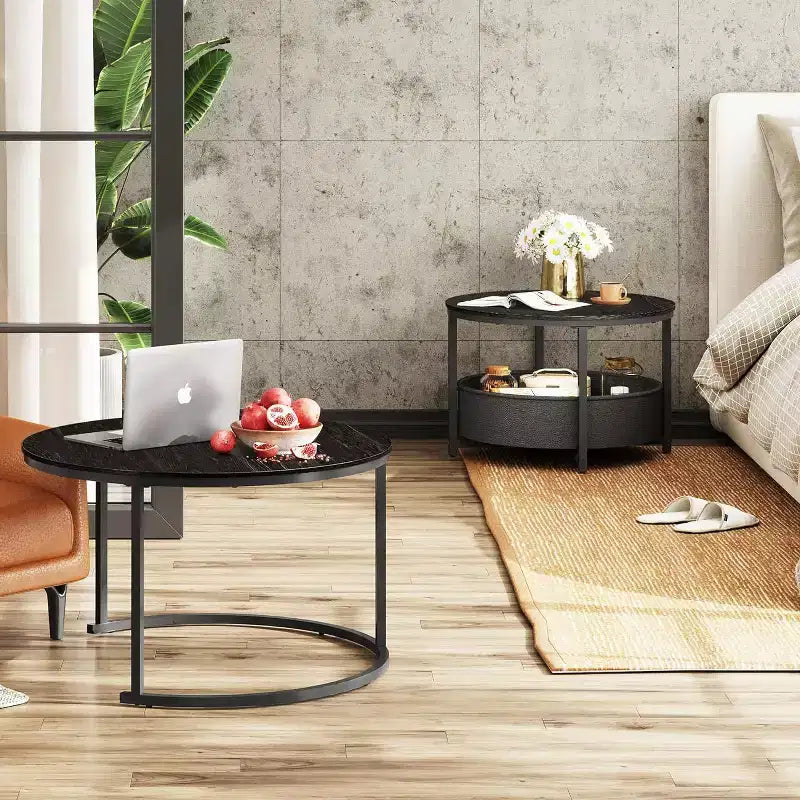 GALAXHERO set van 2 ronde nesttafels - salontafels van 31.5 met opbergruimte en metalen frame voor woonkamer/appartement