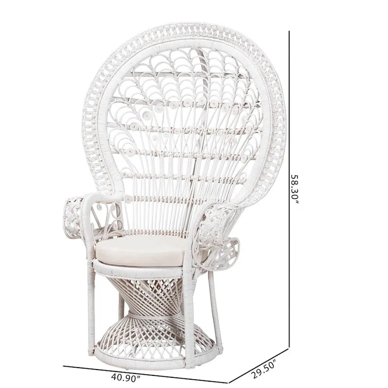 Poltrona pavone Kallima moderna in stile bohémien, bianca e in rattan naturale