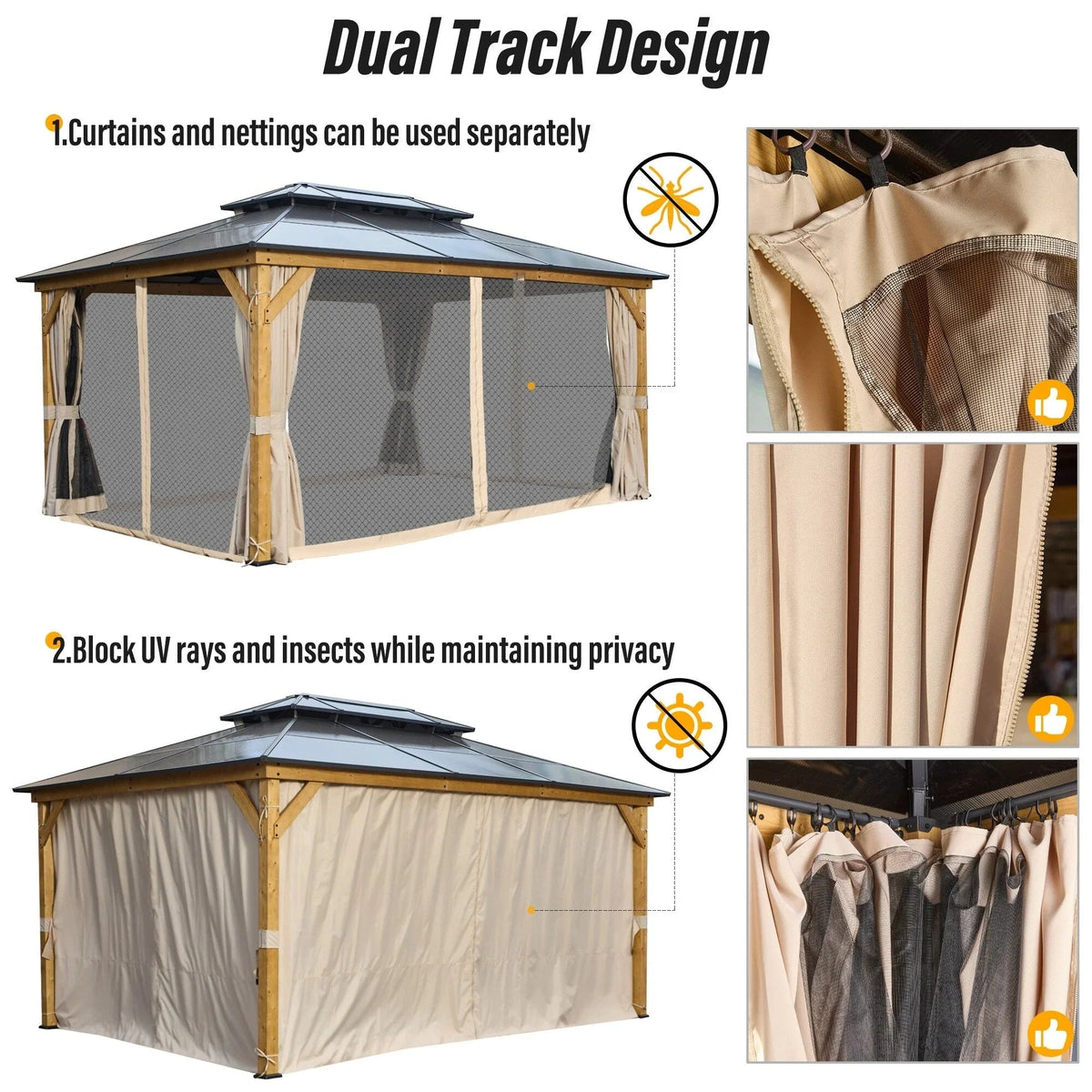 EROMMY hardtop-paviljoen, pergola voor buiten met dubbel dak, netten en gordijnen, extra stevig zonnescherm voor terras, achtertuin en zwembadfeest