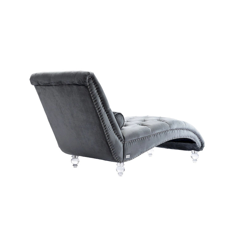 Chaise longue reclinabile imbottita in velluto con bottoni, cuscino e piedini in acrilico