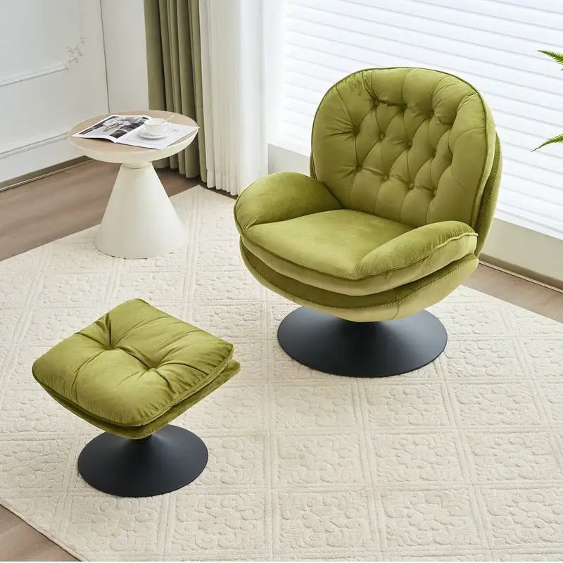 Fluwelen draaifauteuil met voetenbank, ronde leesfauteuil met voetenbankset, 360 draaibaar, metalen frame