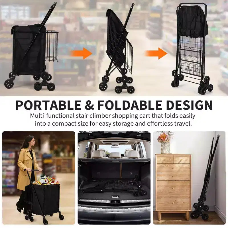 Chariot de courses tout-terrain pour escaliers - 3 roues pivotantes à 360, doublure imperméable,135LBS,chariot pliant en acier au carbone pour le linge et les courses