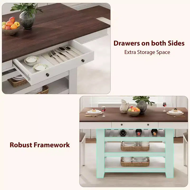 60-Zoll-Kücheninsel mit Stauraum, stationärer Küchentisch im Landhausstil mit 4 Ebenen und großer Arbeitsplatte für Küche, Esszimmer und Wohnzimmer