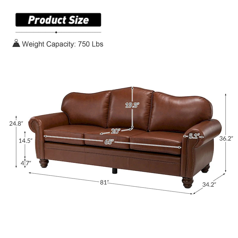 Balvino Sofa mit 81 cm Breite, im Übergangsstil, aus echtem Leder, mit gerollten Armlehnen, Nagelkopfbesatz und abnehmbaren Kissen