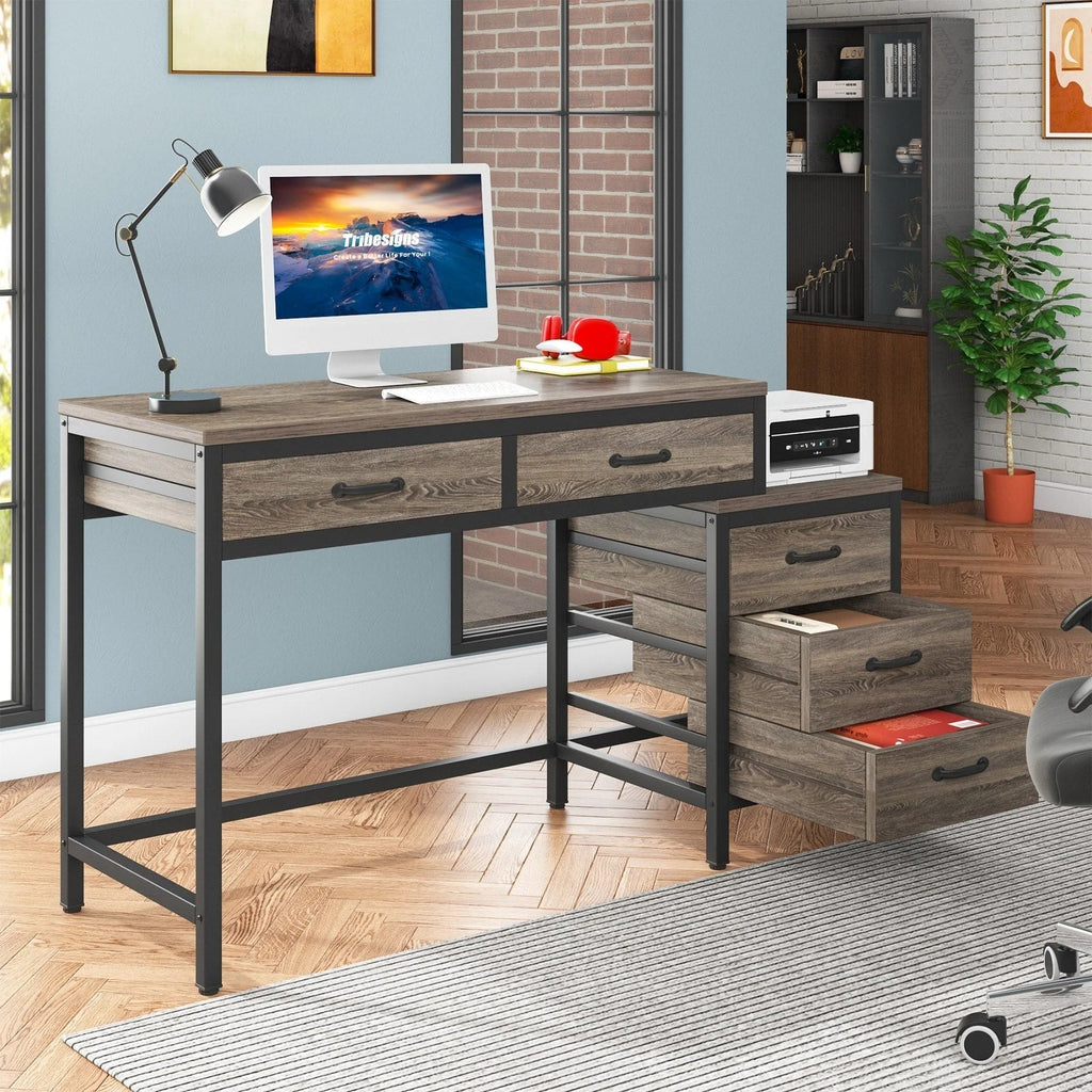 Wendbarer Computerschreibtisch mit 5 Schubladen, Schreibtisch fürs Homeoffice mit Aktenschublade und Druckerständer