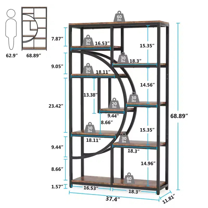 Lantine Bücherregal mit 5 Ebenen und 9 offenen Ablagefächern