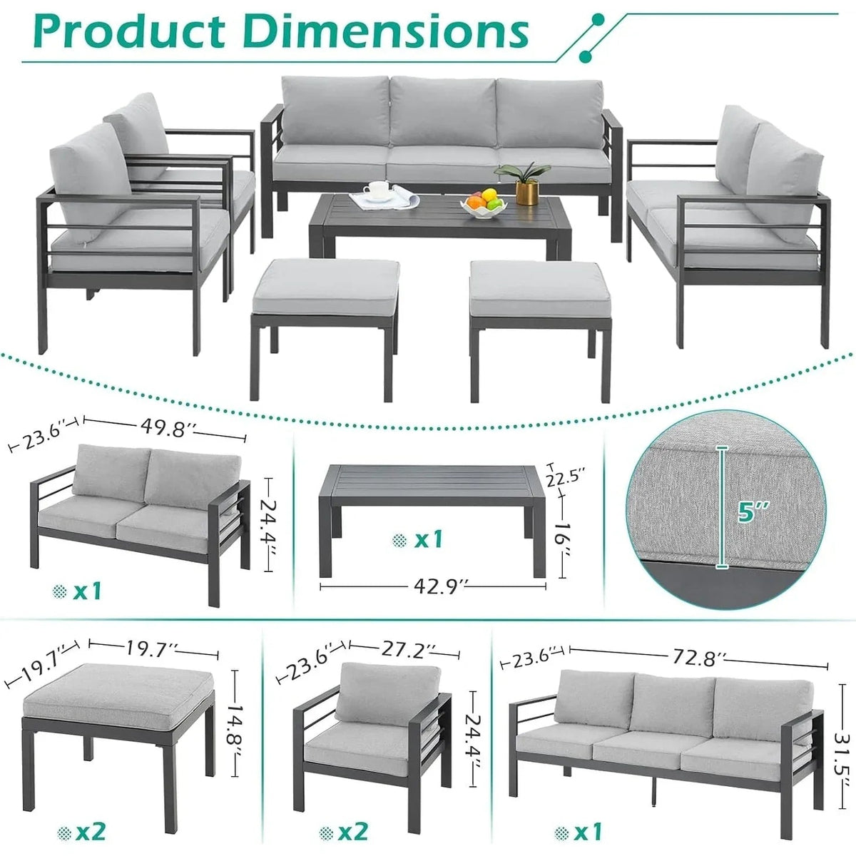 Ensemble de mobilier de jardin en aluminium AECOJOY de 7 pièces, salon de jardin
