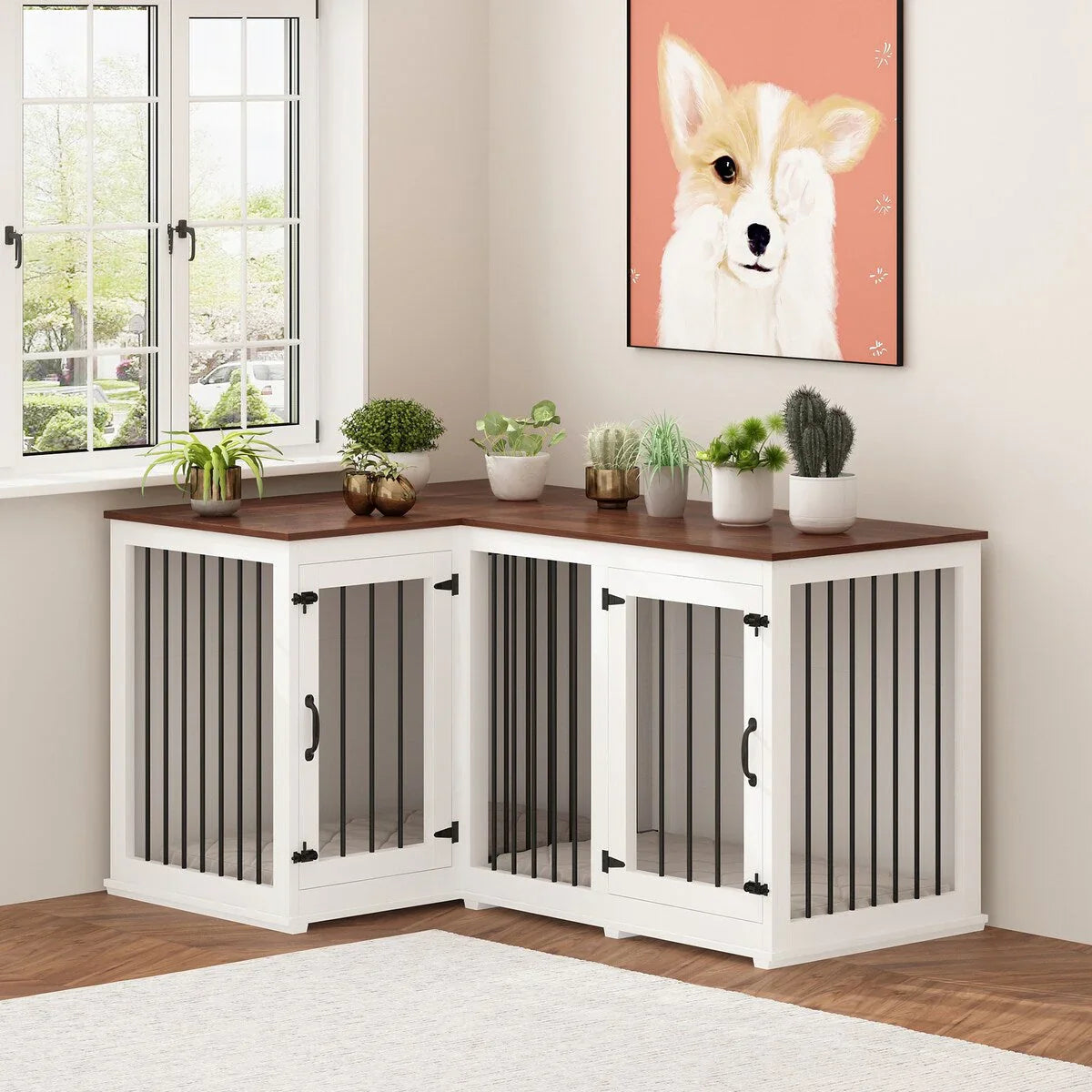 Große Eck-Hundebox als Möbelstück für 2 Hunde, Hundekäfig in L-Form - 58.7X41.1