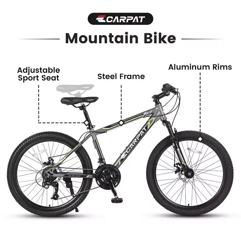 Okak mountainbike van 24 inch met stalen frame, kinderfiets met Shimano 21 versnellingen, dubbele schijfremmen en vering vooraan, fiets voor tieners