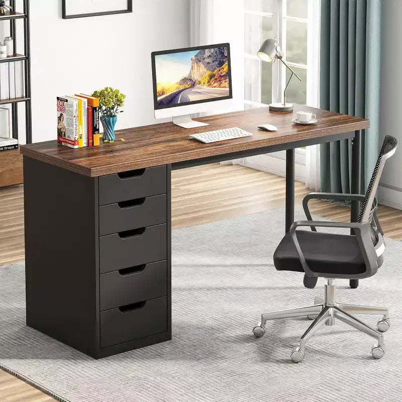Bureau d’ordinateur Lantine avec 5 tiroirs, bureau moderne et sobre de 47 pouces pour le télétravail, les études et l’écriture, idéal pour les petits espaces