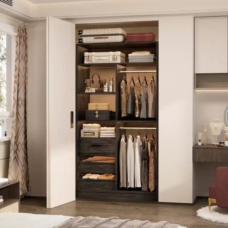Organizer per armadio con cassetti in legno, sistema guardaroba indipendente con aste appendiabiti