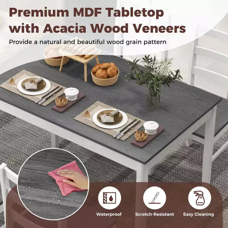 Costway 5-delige eetkamerset van massief hout, keukenmeubels met rechthoekige tafel en 4 stoelen, naturel/koffiekleur/grijs
