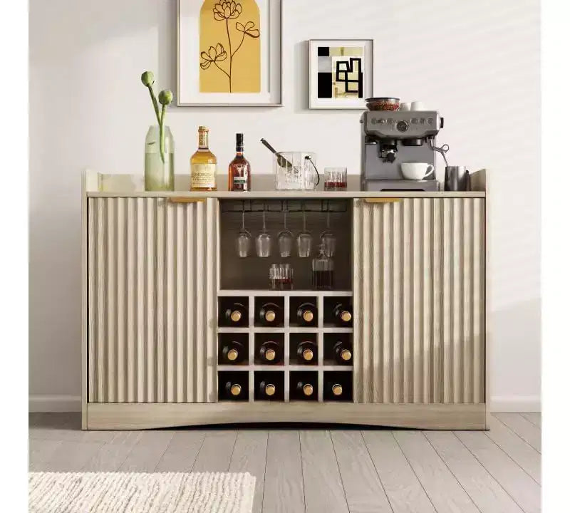 Meuble bar à vin moderne de 47 avec 9 porte-verres, 12 casiers à vin, design cannelé, 2 portes, buffet et rangement pour salle à manger et salon
