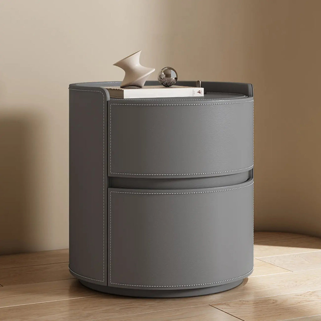 Comodino rotondo moderno con vassoio in pelle e 2 cassetti
