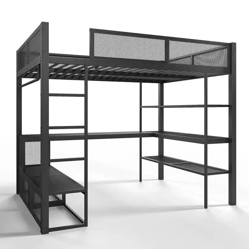 Bellemave metalen hoogslaper in queensize met bureau, opbergplanken en kledingroede, ruimtebesparend hoogslaperframe met veiligheidsrelingen en ladder, geen bedbodem nodig, zwart
