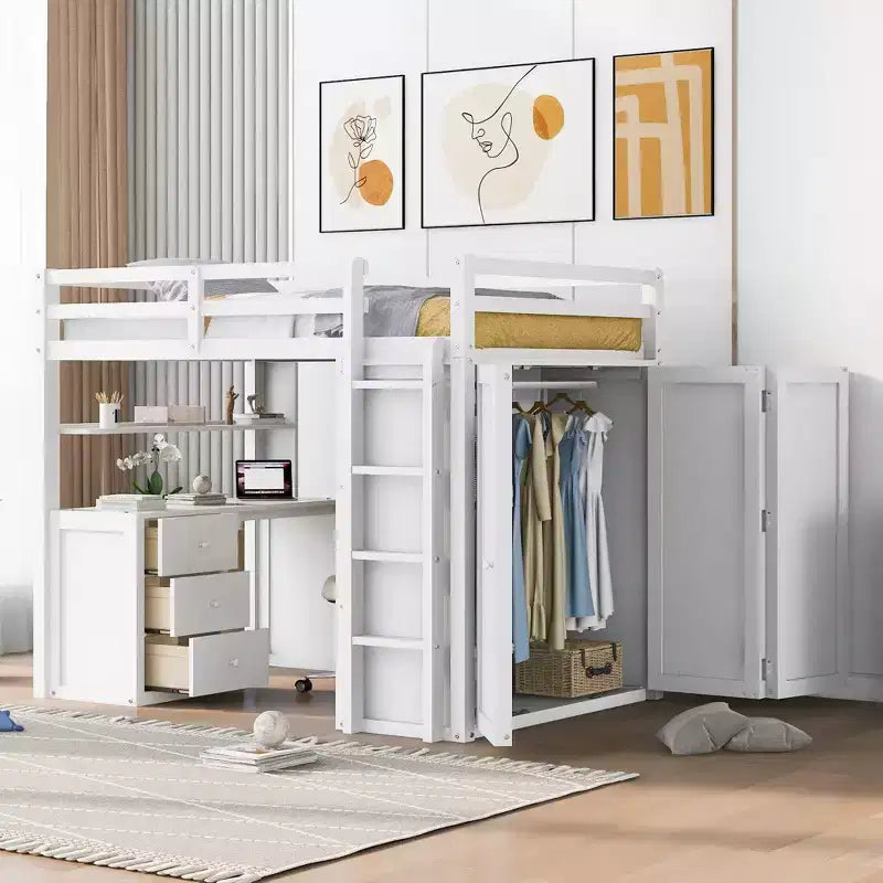 CLIHOME Hochbett in voller Größe mit 3 Aufbewahrungsschubladen, Schreibtisch und Kleiderschrank